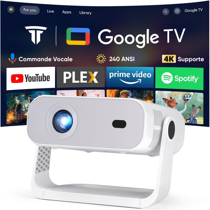 Nouveau videoprojecteur google tv 2026 avec applications intégrées, résolution native 1080p et 4k compatible, wi-fi 6 et bleutoo