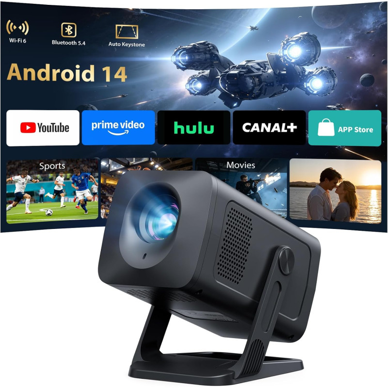 Videoprojecteur【app intégrée & auto keystone】android 14, retroprojecteur portable courte focale wifi 6 bleutooth 5.4 avec rotati