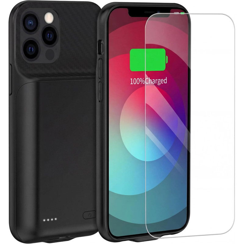 Coque batterie pour iPhone 14 et iPhone 13 6,1" 10 000 mAh avec protecteur d'écran Noir