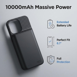 Coque batterie pour iPhone 14 et iPhone 13 6,1" 10 000 mAh avec protecteur d'écran Noir