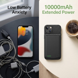 Coque batterie pour iPhone 14 et iPhone 13 6,1" 10 000 mAh avec protecteur d'écran Noir