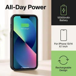 Coque batterie pour iPhone 14 et iPhone 13 6,1" 10 000 mAh avec protecteur d'écran Noir