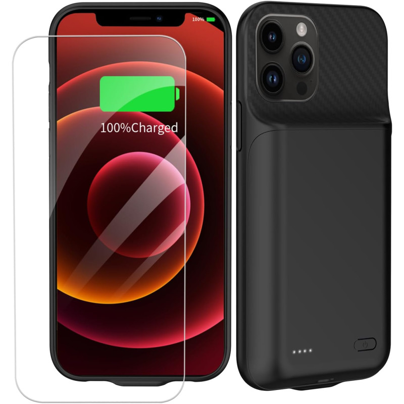 Coque batterie pour iPhone 12/12 Pro 6,1", 13800 mAh, haute capacité, coque de chargement avec protecteur d'écran, noir