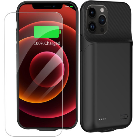 Coque batterie pour iPhone 12/12 Pro 6,1", 13800 mAh, haute capacité, coque de chargement avec protecteur d'écran, noir