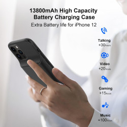 Coque batterie pour iPhone 12/12 Pro 6,1", 13800 mAh, haute capacité, coque de chargement avec protecteur d'écran, noir