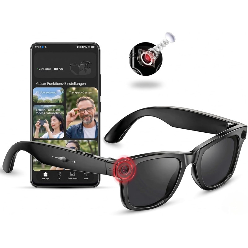 Lunettes intelligentes avec ia et bleutooth, assistant vocal chatgpt, protection uv, wi-fi, traduction en temps réel en 89 langu