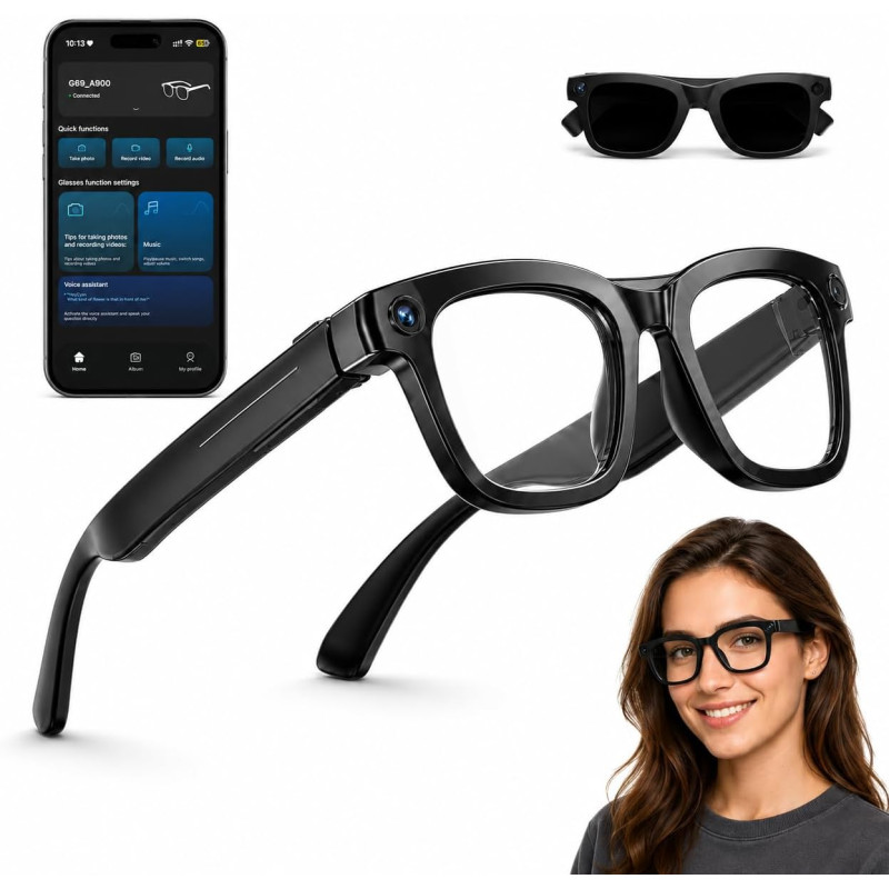 Lunette Camera HD 8MP, Vidéo, Lunettes Connectées Traduction en Temps Réel, Assistant Vocal IA, Reconnaissance IA, Appels et Mus