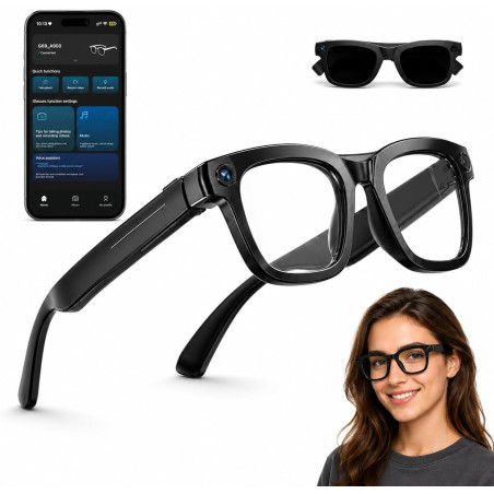 Lunette Camera HD 8MP, Vidéo, Lunettes Connectées Traduction en Temps Réel, Assistant Vocal IA, Reconnaissance IA, Appels et Mus