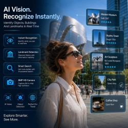 Lunette Camera HD 8MP, Vidéo, Lunettes Connectées Traduction en Temps Réel, Assistant Vocal IA, Reconnaissance IA, Appels et Mus