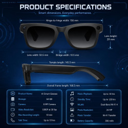 Lunette Camera HD 8MP, Vidéo, Lunettes Connectées Traduction en Temps Réel, Assistant Vocal IA, Reconnaissance IA, Appels et Mus