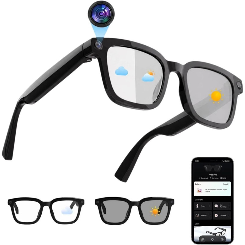Lunettes Caméra 8 MP, Lunettes Connectées avec Port de Charge USB-C, Double Micro Ouvert, Prise en Charge des Photos, Vidéos et 