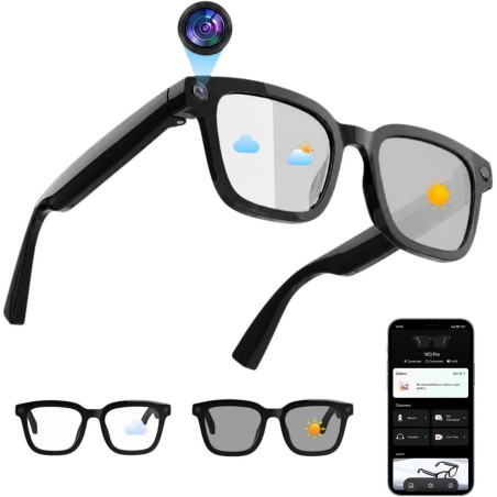 Lunettes Caméra 8 MP, Lunettes Connectées avec Port de Charge USB-C, Double Micro Ouvert, Prise en Charge des Photos, Vidéos et 