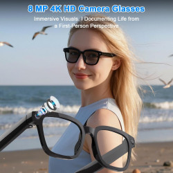 Lunettes Caméra 8 MP, Lunettes Connectées avec Port de Charge USB-C, Double Micro Ouvert, Prise en Charge des Photos, Vidéos et 