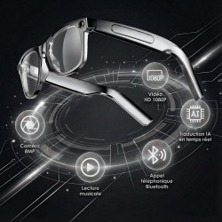 Lunettes camera hd, 8mp 1080p lunette connectées ia, processeur double cœur avec assistant ia pour traduction en temps réel, 410
