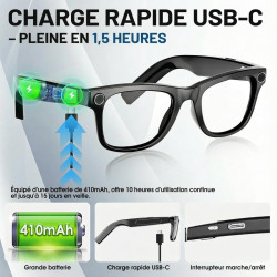 Lunettes camera hd, 8mp 1080p lunette connectées ia, processeur double cœur avec assistant ia pour traduction en temps réel, 410