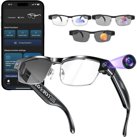 Lunettes ai avec filtre à lumière bleue - résolution hd 1200p - bleutooth - traduction vocale - avec caméra - enregistrement vid