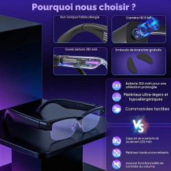Lunettes ai avec filtre à lumière bleue - résolution hd 1200p - bleutooth - traduction vocale - avec caméra - enregistrement vid