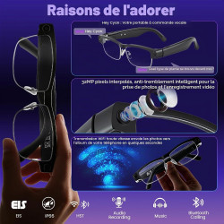 Lunettes ai avec filtre à lumière bleue - résolution hd 1200p - bleutooth - traduction vocale - avec caméra - enregistrement vid
