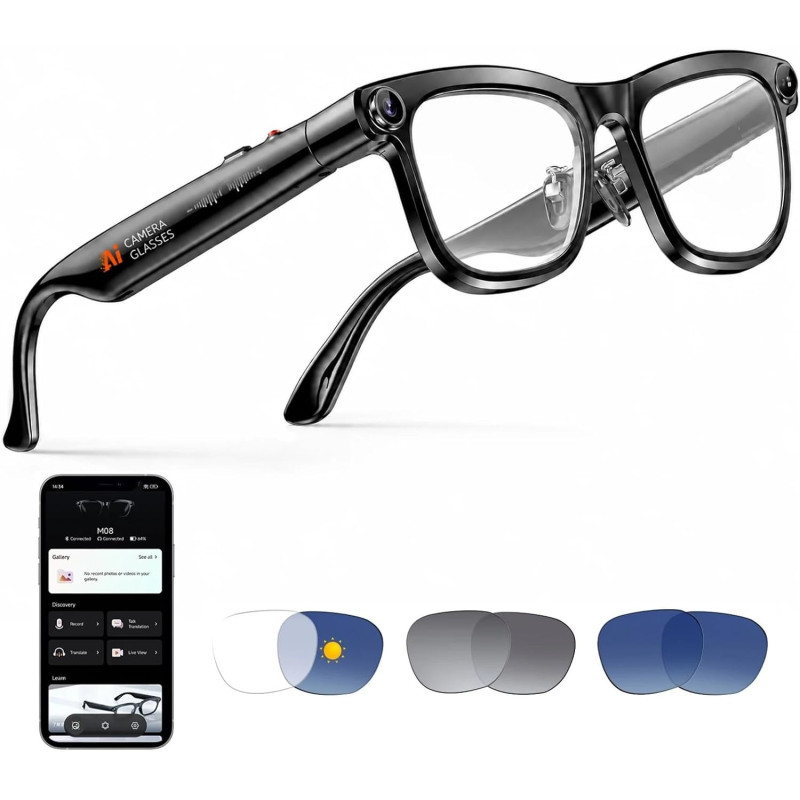 Lunettes Connectées avec Caméra, Caméra HD 8 MP, Batterie 300 mAh, Audio à Oreilles Libres, Prend en Charge l'enregistrement Vid