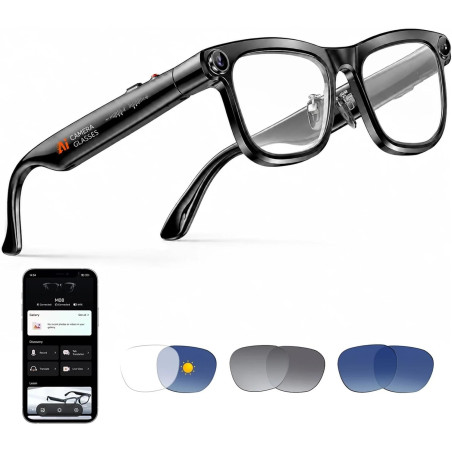 Lunettes Connectées avec Caméra, Caméra HD 8 MP, Batterie 300 mAh, Audio à Oreilles Libres, Prend en Charge l'enregistrement Vid
