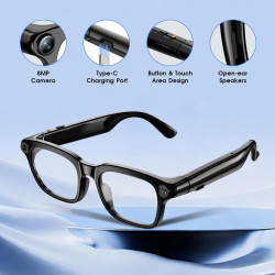 Lunettes Connectées avec Caméra, Caméra HD 8 MP, Batterie 300 mAh, Audio à Oreilles Libres, Prend en Charge l'enregistrement Vid