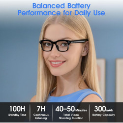 Lunettes Connectées avec Caméra, Caméra HD 8 MP, Batterie 300 mAh, Audio à Oreilles Libres, Prend en Charge l'enregistrement Vid