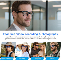 Lunettes Connectées avec Caméra, Caméra HD 8 MP, Batterie 300 mAh, Audio à Oreilles Libres, Prend en Charge l'enregistrement Vid