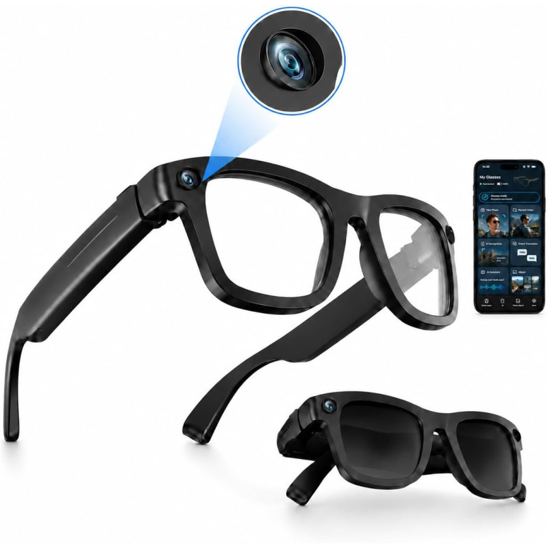 Lunettes connectées ia avec caméra hd 8mp vidéo 1080p eis,lunettes intelligentes appels musique wi-fi bleutooth traduction en te
