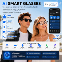 Lunettes connectées ia avec caméra hd 8mp vidéo 1080p eis,lunettes intelligentes appels musique wi-fi bleutooth traduction en te