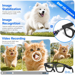Lunettes connectées ia avec caméra hd 8mp vidéo 1080p eis,lunettes intelligentes appels musique wi-fi bleutooth traduction en te