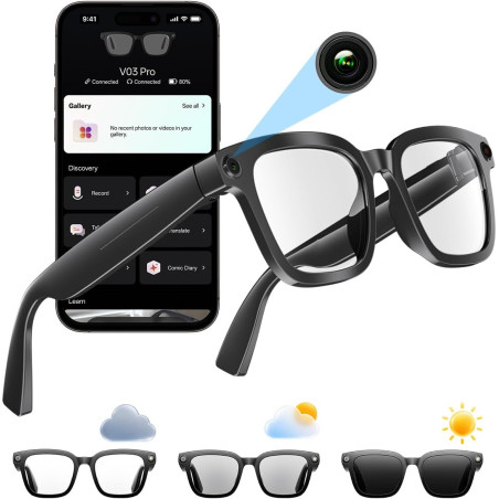 Lunettes intelligentes avec caméra et bleutooth, 8 mpx, hd 1200p | en charge l'enregistrement photo/vidéo/audio, la traduction e