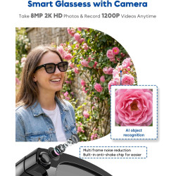 Lunettes intelligentes avec caméra et bleutooth, 8 mpx, hd 1200p | en charge l'enregistrement photo/vidéo/audio, la traduction e