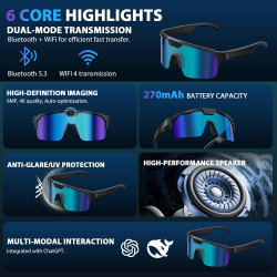Lunettes Caméra Sport, Caméra 8 MP, Haut-Parleurs Ouverts, Verres Anti-éblouissants, Lunettes Connectées avec Vidéo, Photo et Dé