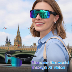 Lunettes Caméra Sport, Caméra 8 MP, Haut-Parleurs Ouverts, Verres Anti-éblouissants, Lunettes Connectées avec Vidéo, Photo et Dé