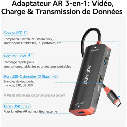Adaptateur USB-C vers Lunettes AR pour Switch 2 – 4K@60Hz 2K@120Hz 100W PD Données 10Gbps, Compatible Switch 2/1 Steam Deck PC P