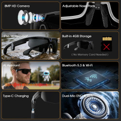 2026 Lunettes Caméra de Sport, Caméra 8 MP, Haut-parleurs Ouverts, Enregistrement Vidéo, Photo, Reconnaissance d'objets IA, Lune