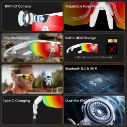 2026 Lunettes Caméra de Sport, Caméra 8 MP, Haut-parleurs Ouverts, Enregistrement Vidéo, Photo, Reconnaissance d'objets IA, Lune