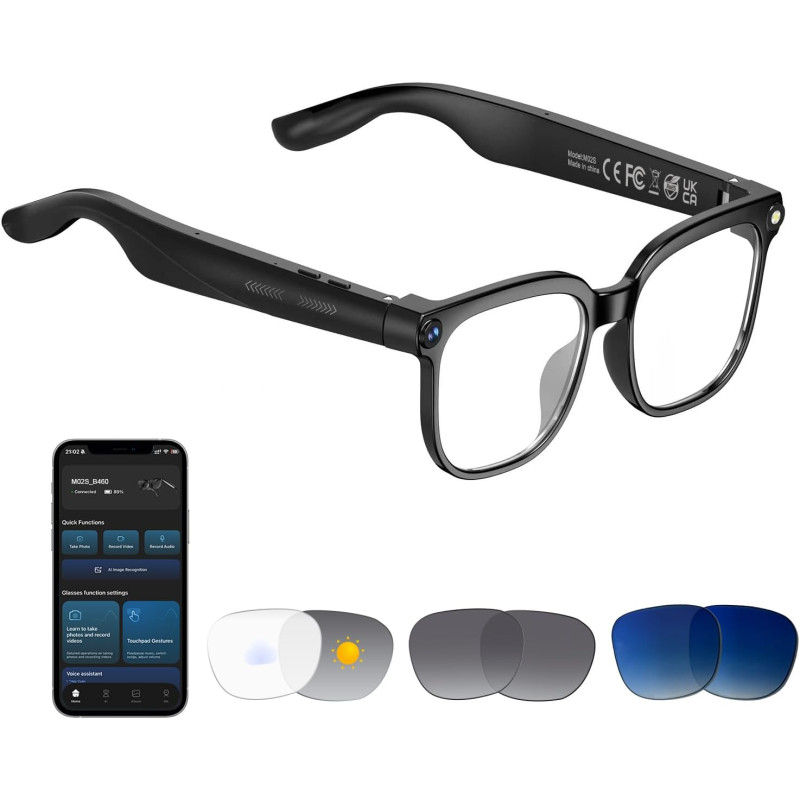 Lunettes AI Smart Camera - Vidéo HD 1080p, Photo, Traduction vocale, avec Verres de Protection Solaire/lumière Bleue interchange