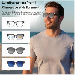 Lunettes AI Smart Camera - Vidéo HD 1080p, Photo, Traduction vocale, avec Verres de Protection Solaire/lumière Bleue interchange