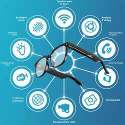 Lunettes AI Smart Camera - Vidéo HD 1080p, Photo, Traduction vocale, avec Verres de Protection Solaire/lumière Bleue interchange