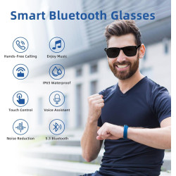 Lunettes smart bleutooth pour homme/femme, oreille ouverte, micro/haut-parleurs, ip65 étanche, appels mains-libres, assistant ta