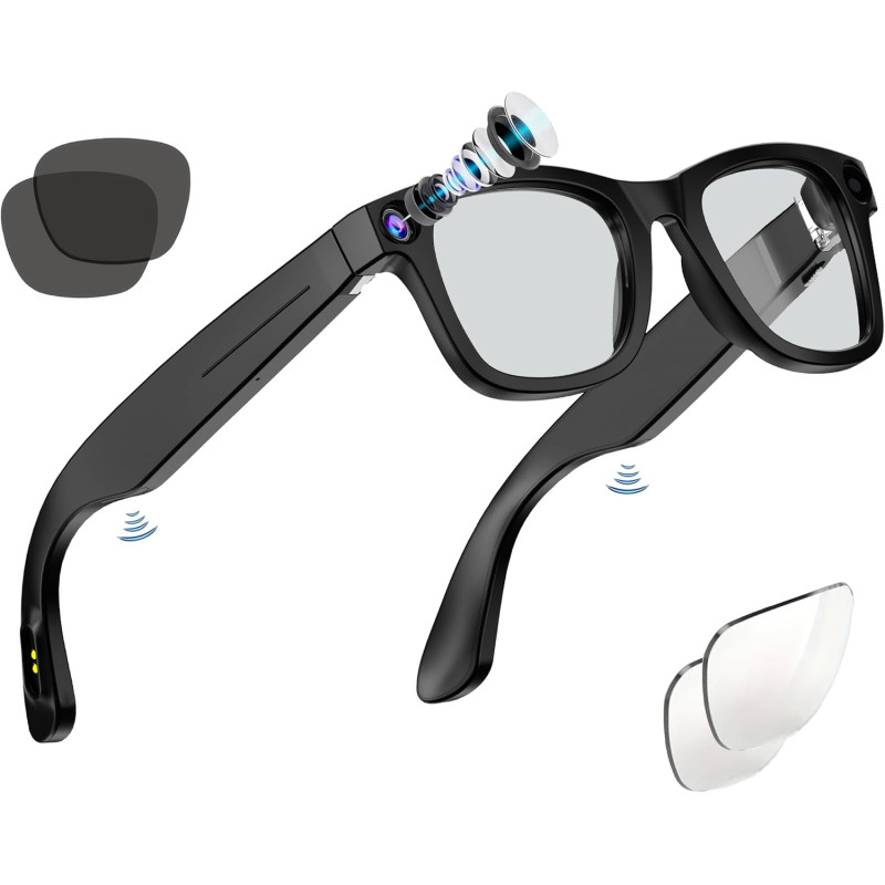 G300L Lunettes Caméra Noires, 1080P 20MP Photo IA, Stabilisation Anti-Flou, Double Contrôle Tactile