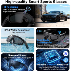 Lunette Connectée de Sport, 32MP Lunette Camera avec Stabilisation EIS pour Vidéo, Photo, Reconnaissance d'objets IA, IP54 Lunet