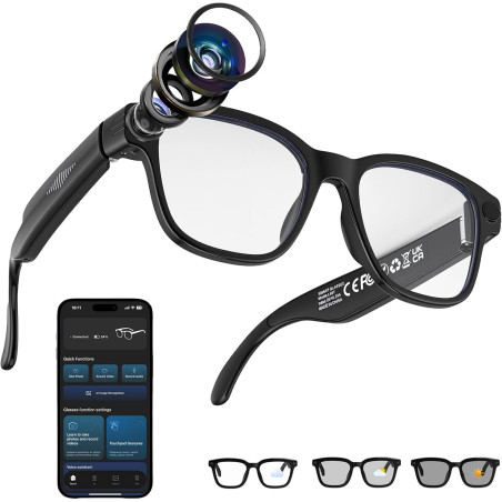 AI Lunettes Connectées Caméra 8MP, avec Stabilisation d'image, Enregistrement Photo/Vidéo/Audio, Traduction Temps Réel, Assistan