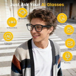 AI Lunettes Connectées Caméra 8MP, avec Stabilisation d'image, Enregistrement Photo/Vidéo/Audio, Traduction Temps Réel, Assistan