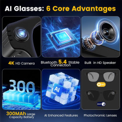 AI Lunettes Connectées Caméra 8MP, avec Stabilisation d'image, Enregistrement Photo/Vidéo/Audio, Traduction Temps Réel, Assistan