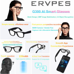G300 Lunettes AI 8MP 1080P 32GB Traduction HiFi Verres solaires | Traduction Multilingue en Temps Réel, Double Haut-parleurs HIF