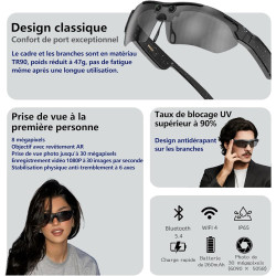 G6 Pro Lunettes AI, 8MP 1080P, Traduction, IP65, HiFi Sport Soleil (Noir)