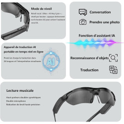 G6 Pro Lunettes AI, 8MP 1080P, Traduction, IP65, HiFi Sport Soleil (Noir)
