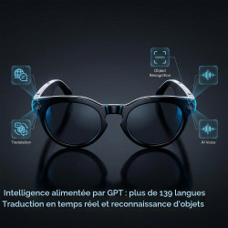 Tosuny Lunettes Intelligentes AI avec Caméra HD 8MP, Enregistrement Photo et Vidéo HD 1200P, Anti-tremblement, Traduction en Tem